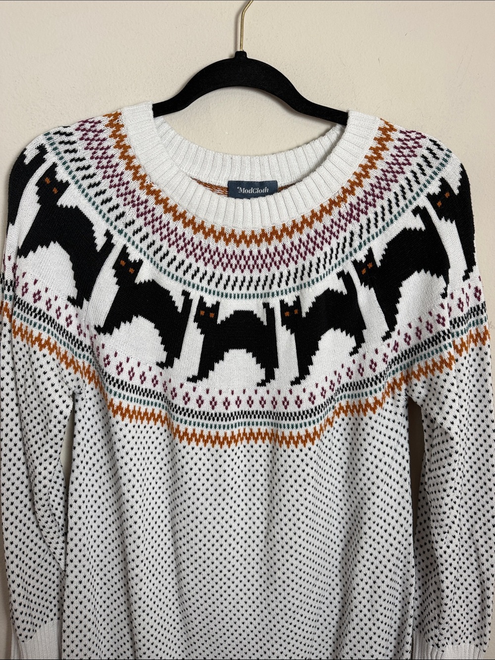 Modcloth Cozy Commitment Sweater Dress Cat Fair Isle Size Large Fall Halloween - Picture 3 of 7